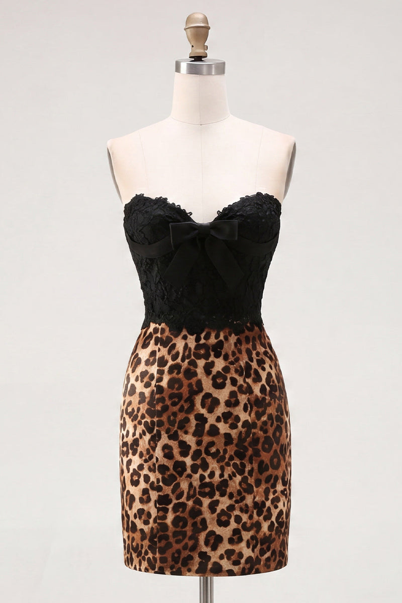 Load image into Gallery viewer, Black and Leopard Corset Tight Short Party Dress with Bow
