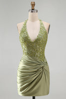 Load image into Gallery viewer, Army Green Appliqued Ruched Halter Tight Short Corset Cocktail Dress