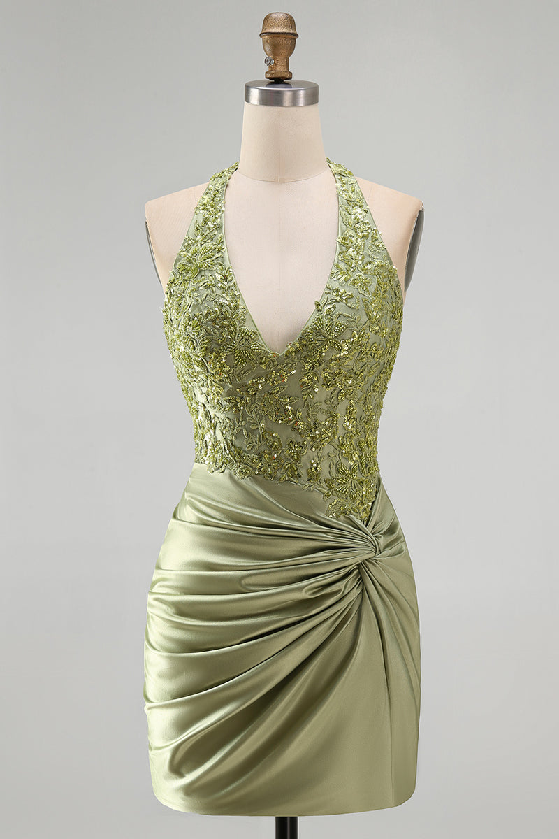 Load image into Gallery viewer, Army Green Appliqued Ruched Halter Tight Short Corset Cocktail Dress