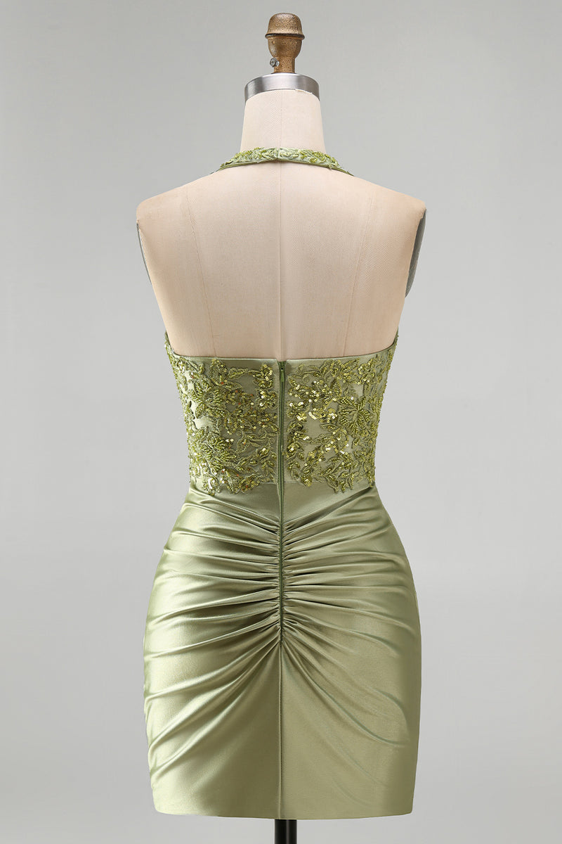 Load image into Gallery viewer, Army Green Appliqued Ruched Halter Tight Short Corset Cocktail Dress