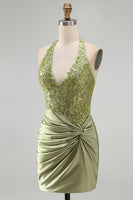 Load image into Gallery viewer, Army Green Appliqued Ruched Halter Tight Short Corset Cocktail Dress