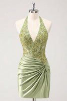 Load image into Gallery viewer, Army Green Appliqued Ruched Halter Tight Short Corset Cocktail Dress