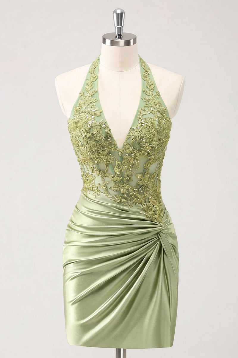 Load image into Gallery viewer, Army Green Appliqued Ruched Halter Tight Short Corset Cocktail Dress