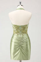 Load image into Gallery viewer, Army Green Appliqued Ruched Halter Tight Short Corset Cocktail Dress