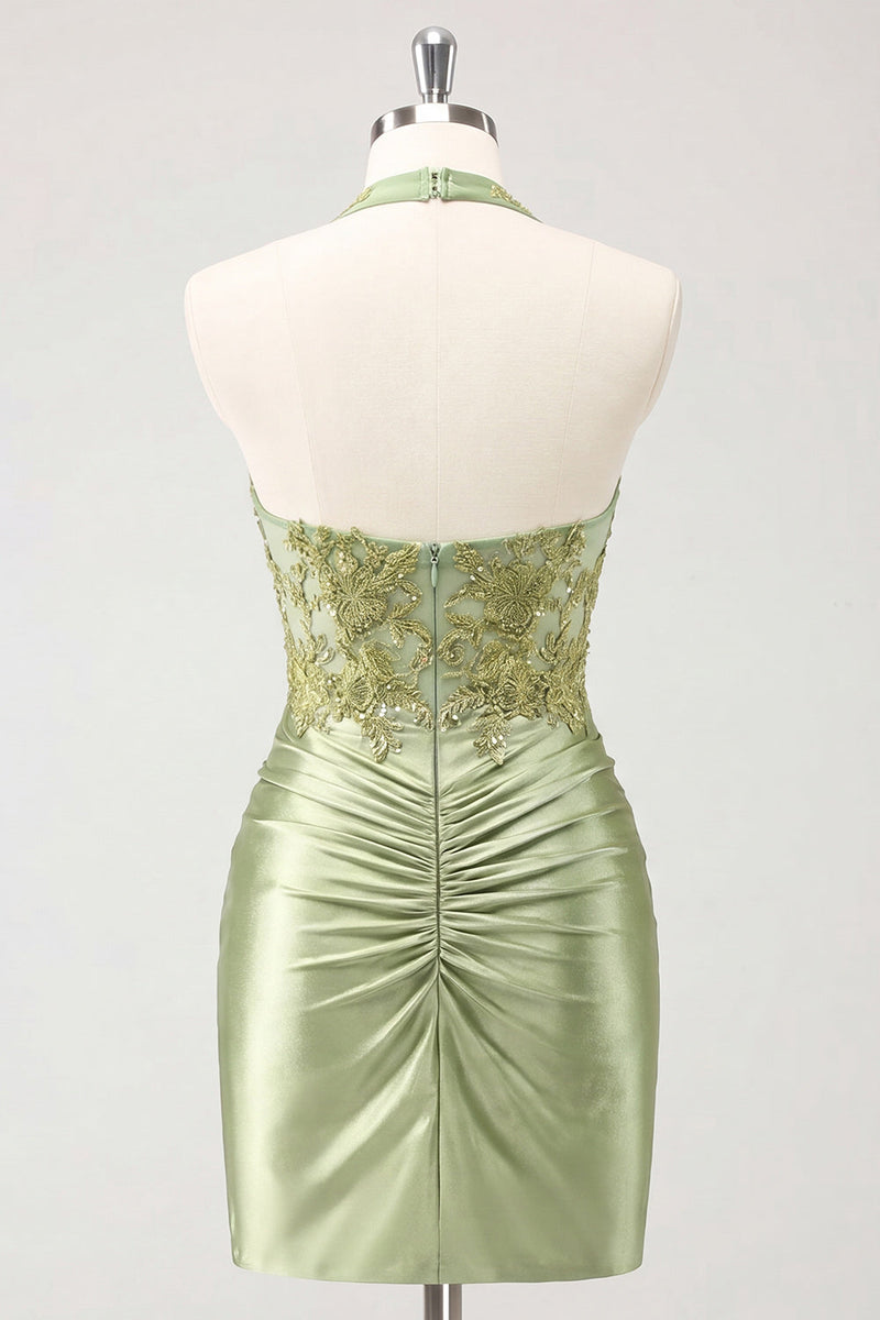Load image into Gallery viewer, Army Green Appliqued Ruched Halter Tight Short Corset Cocktail Dress
