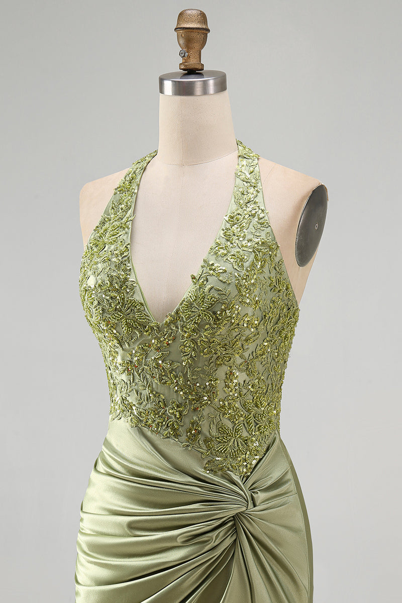 Load image into Gallery viewer, Army Green Appliqued Ruched Halter Tight Short Corset Cocktail Dress