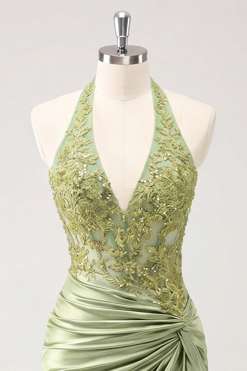 Load image into Gallery viewer, Army Green Appliqued Ruched Halter Tight Short Corset Cocktail Dress