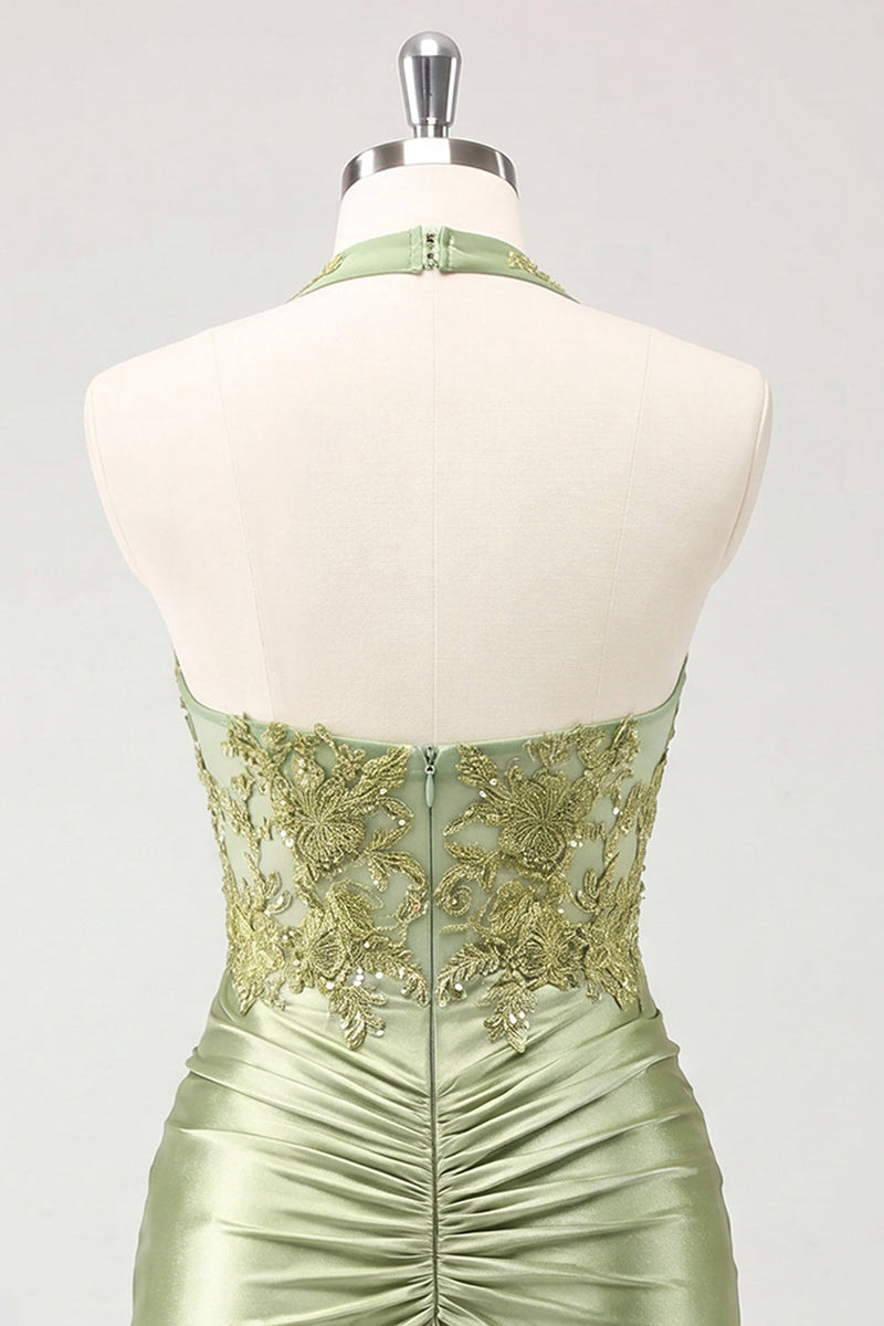 Load image into Gallery viewer, Army Green Appliqued Ruched Halter Tight Short Corset Cocktail Dress