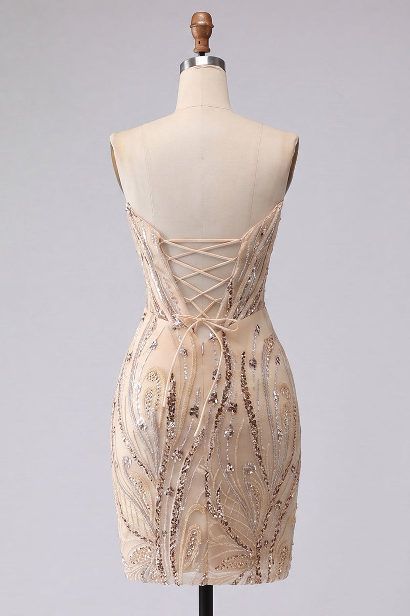 Load image into Gallery viewer, Champagne Sparkly Corset Sequin Tight Short Cocktail Dress