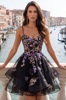 Load image into Gallery viewer, Floral Black Corset Ruffled A-Line Short Cocktail Dress