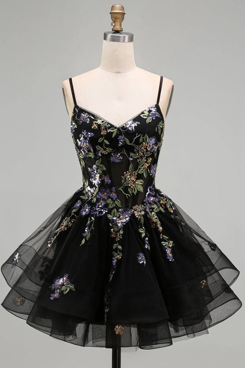 Load image into Gallery viewer, Floral Black Corset Ruffled A-Line Short Cocktail Dress