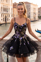 Load image into Gallery viewer, Floral Black Corset Ruffled A-Line Short Cocktail Dress