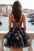 Load image into Gallery viewer, Floral Black Corset Ruffled A-Line Short Cocktail Dress