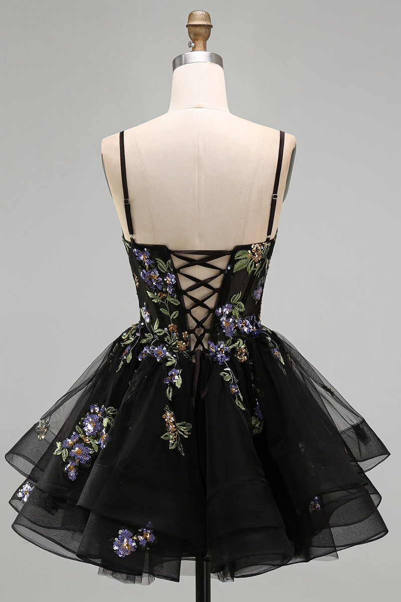 Load image into Gallery viewer, Floral Black Corset Ruffled A-Line Short Cocktail Dress