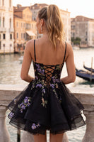 Load image into Gallery viewer, Floral Black Corset Ruffled A-Line Short Cocktail Dress