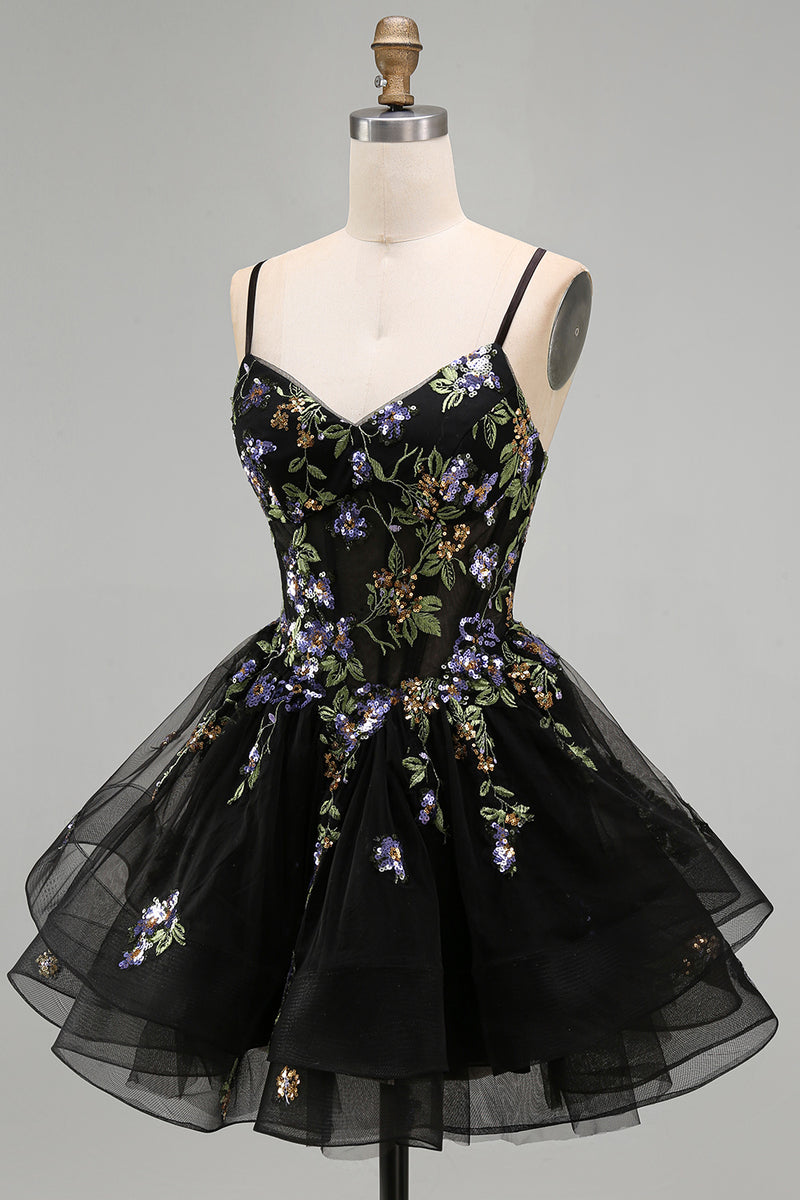 Load image into Gallery viewer, Floral Black Corset Ruffled A-Line Short Cocktail Dress
