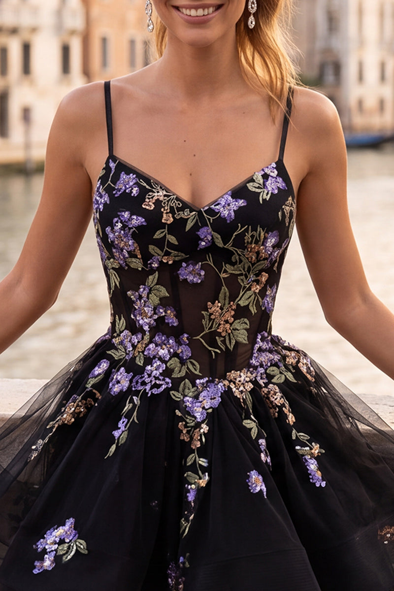 Load image into Gallery viewer, Floral Black Corset Ruffled A-Line Short Cocktail Dress