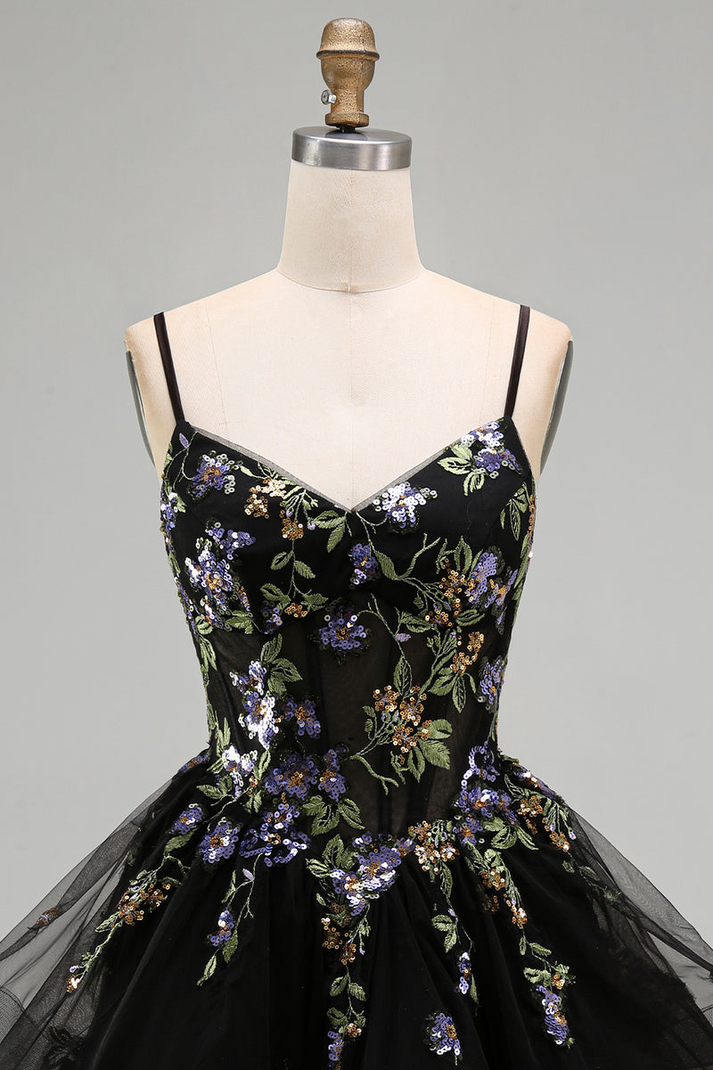 Load image into Gallery viewer, Floral Black Corset Ruffled A-Line Short Cocktail Dress