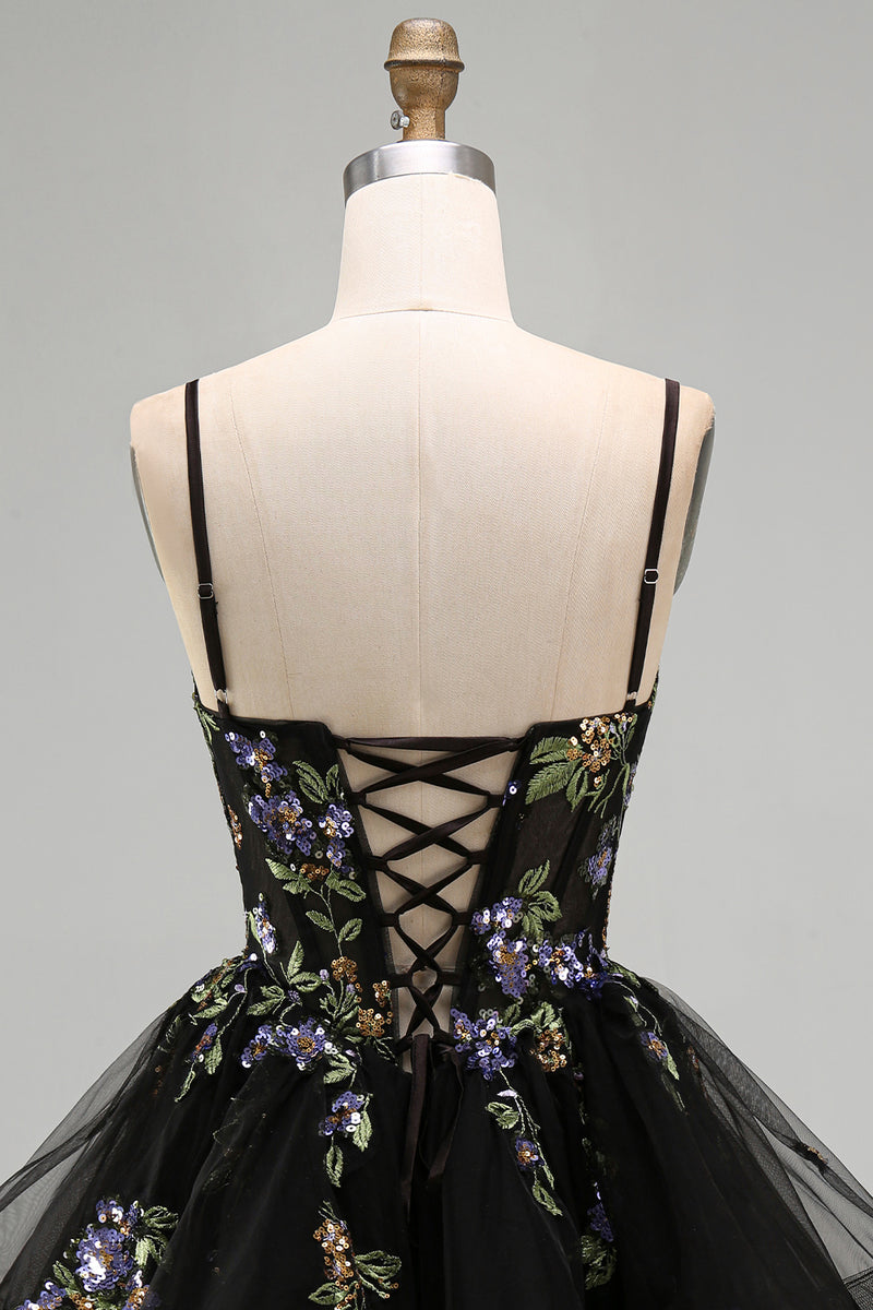 Load image into Gallery viewer, Floral Black Corset Ruffled A-Line Short Cocktail Dress