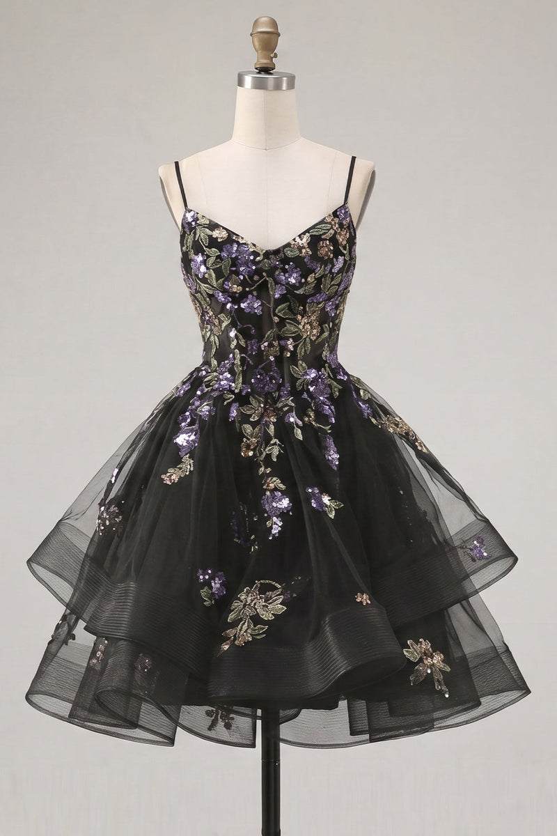 Load image into Gallery viewer, Floral Black Corset Ruffled A-Line Short Cocktail Dress