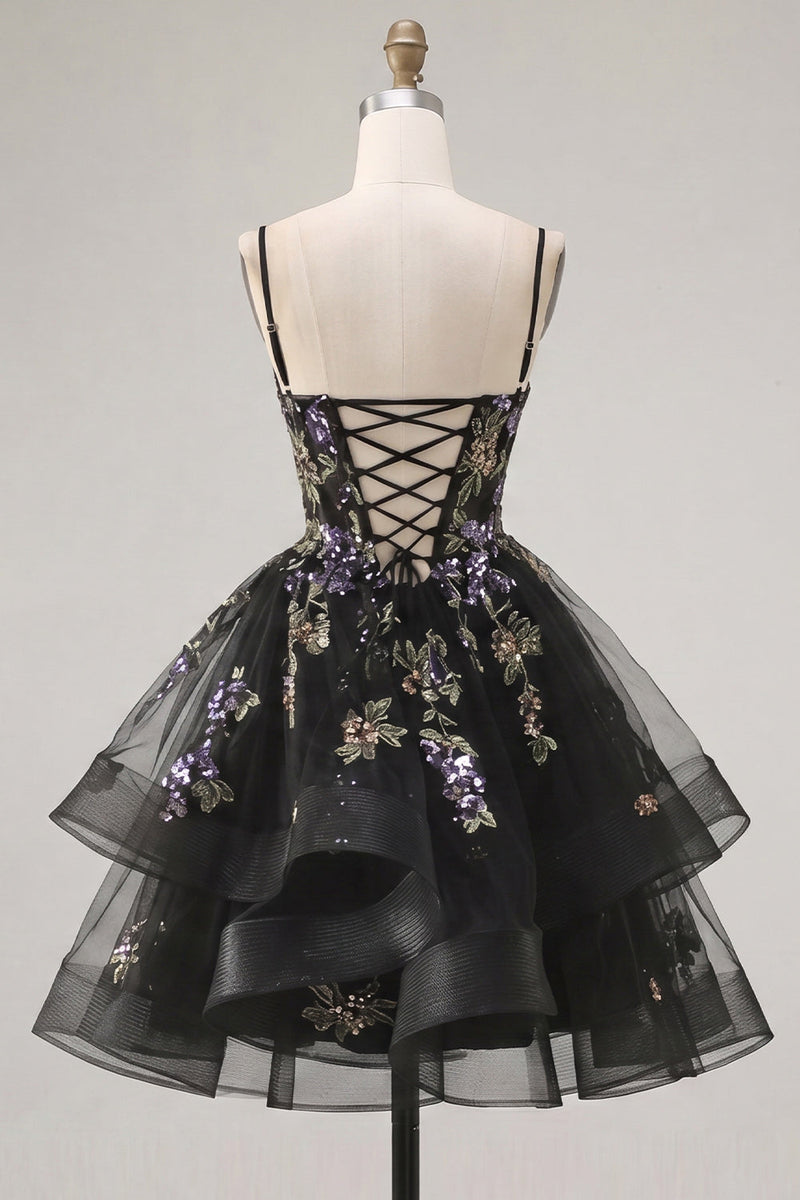 Load image into Gallery viewer, Floral Black Corset Ruffled A-Line Short Cocktail Dress
