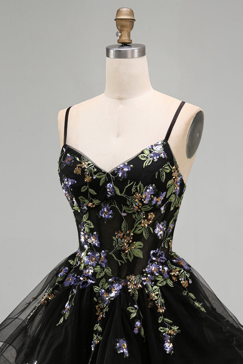 Load image into Gallery viewer, Floral Black Corset Ruffled A-Line Short Cocktail Dress