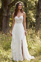 Load image into Gallery viewer, A-Line Ivory Chiffon Sweep Train Ruffled Beach Wedding Dress