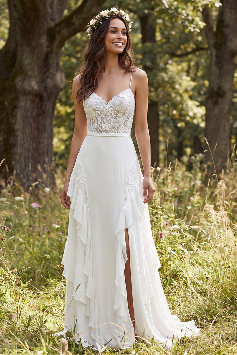 Load image into Gallery viewer, A-Line Ivory Chiffon Sweep Train Ruffled Beach Wedding Dress