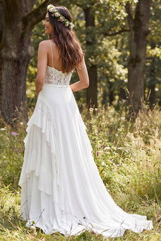 A-Line Ivory Chiffon Sweep Train Ruffled Beach Wedding Dress