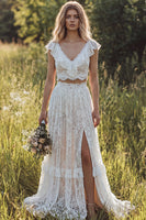 Load image into Gallery viewer, 2 Piece Ivory Lace Sweep Train A-Line Boho Wedding Dress with Slit