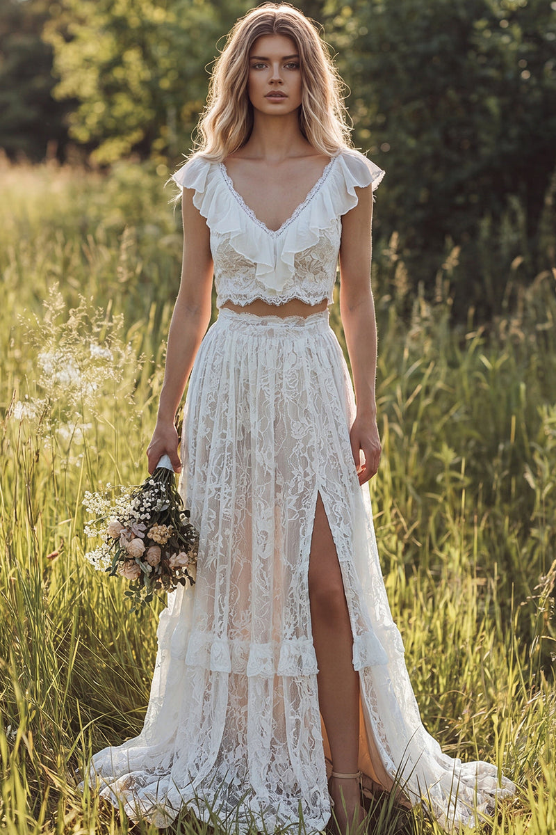 Load image into Gallery viewer, 2 Piece Ivory Lace Sweep Train A-Line Boho Wedding Dress with Slit