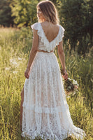 Load image into Gallery viewer, 2 Piece Ivory Lace Sweep Train A-Line Boho Wedding Dress with Slit