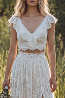 Load image into Gallery viewer, 2 Piece Ivory Lace Sweep Train A-Line Boho Wedding Dress with Slit