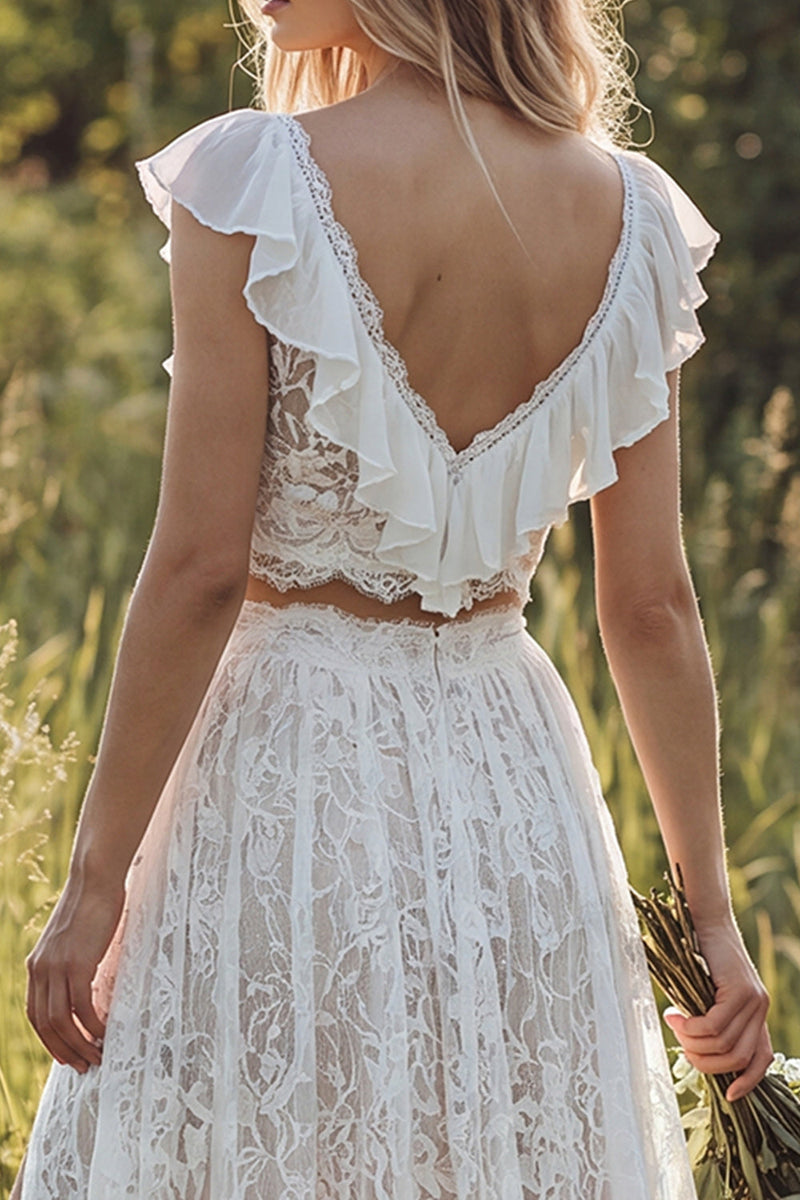 Load image into Gallery viewer, 2 Piece Ivory Lace Sweep Train A-Line Boho Wedding Dress with Slit