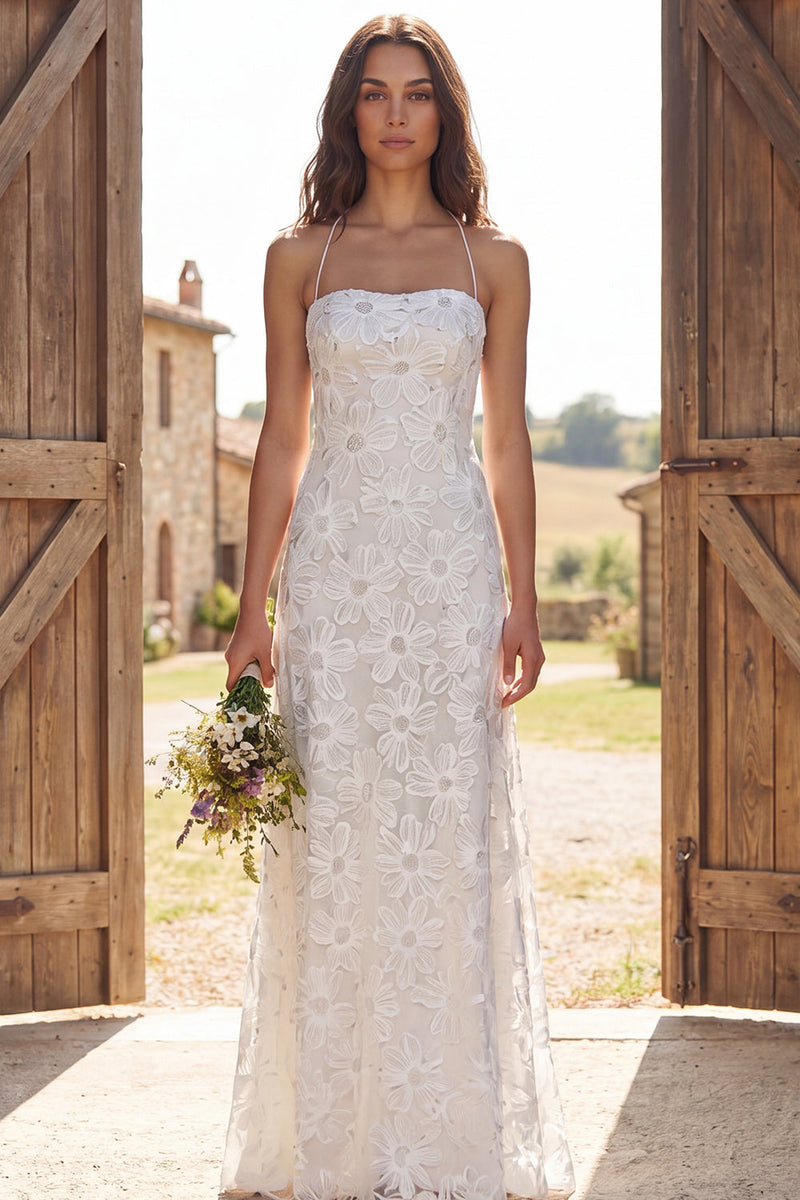 Load image into Gallery viewer, Floral Ivory Halter Neck Sweep Train Sheath Wedding Dress