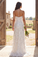 Load image into Gallery viewer, Floral Ivory Halter Neck Sweep Train Sheath Wedding Dress