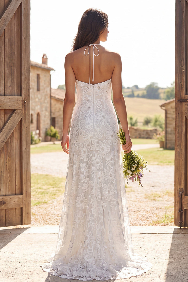 Load image into Gallery viewer, Floral Ivory Halter Neck Sweep Train Sheath Wedding Dress