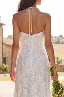 Load image into Gallery viewer, Floral Ivory Halter Neck Sweep Train Sheath Wedding Dress