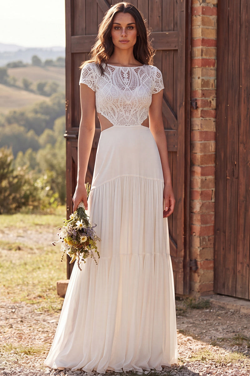 Load image into Gallery viewer, A-Line Ivory Cut Out Sweep Train Beach Wedding Dress with Sleeves