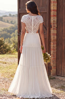 Load image into Gallery viewer, A-Line Ivory Cut Out Sweep Train Beach Wedding Dress with Sleeves
