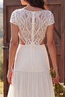 Load image into Gallery viewer, A-Line Ivory Cut Out Sweep Train Beach Wedding Dress with Sleeves