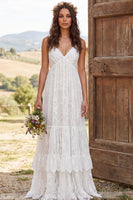 Load image into Gallery viewer, Ivory Lace Tiered A-Line Sweep Train Boho Wedding Dress