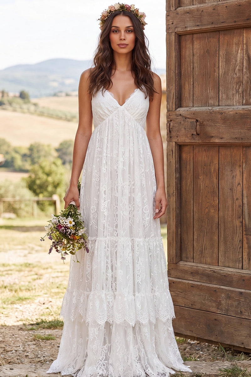 Load image into Gallery viewer, Ivory Lace Tiered A-Line Sweep Train Boho Wedding Dress