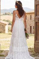 Load image into Gallery viewer, Ivory Lace Tiered A-Line Sweep Train Boho Wedding Dress