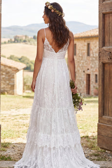 Ivory Lace Tiered A-Line Sweep Train Boho Wedding Dress