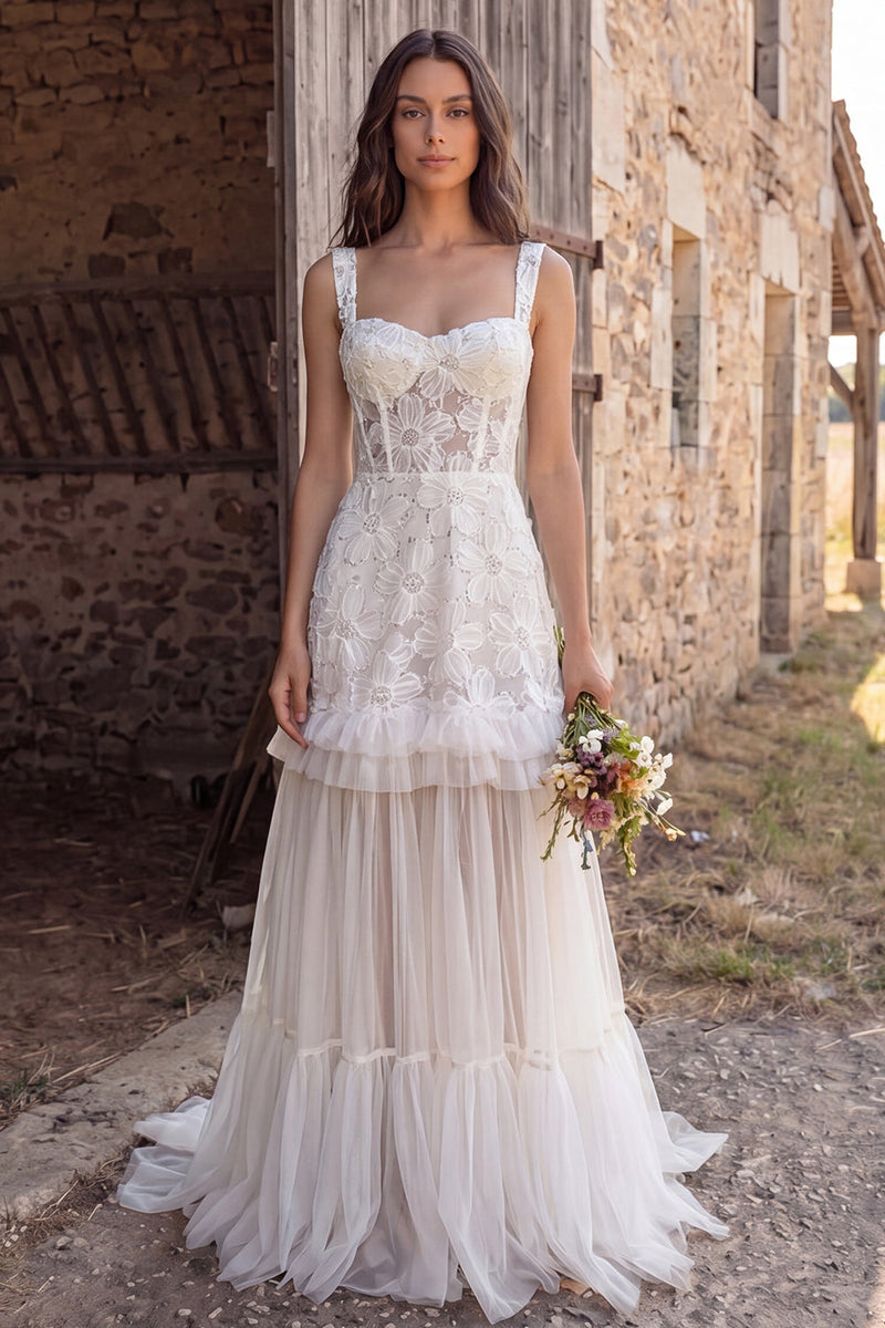 Load image into Gallery viewer, Floral Ivory Corset A-Line Sweep Train Beach Wedding Dress with Beading