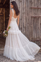 Load image into Gallery viewer, Floral Ivory Corset A-Line Sweep Train Beach Wedding Dress with Beading