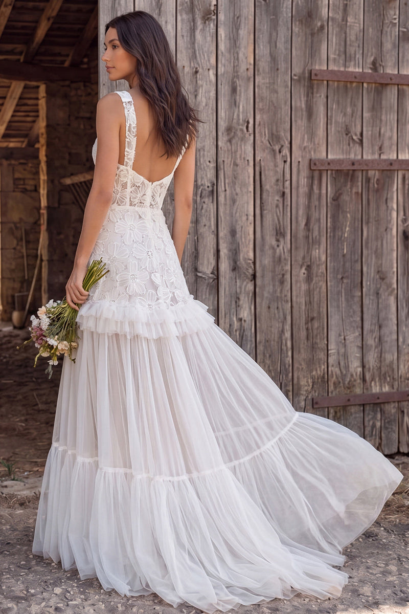 Load image into Gallery viewer, Floral Ivory Corset A-Line Sweep Train Beach Wedding Dress with Beading