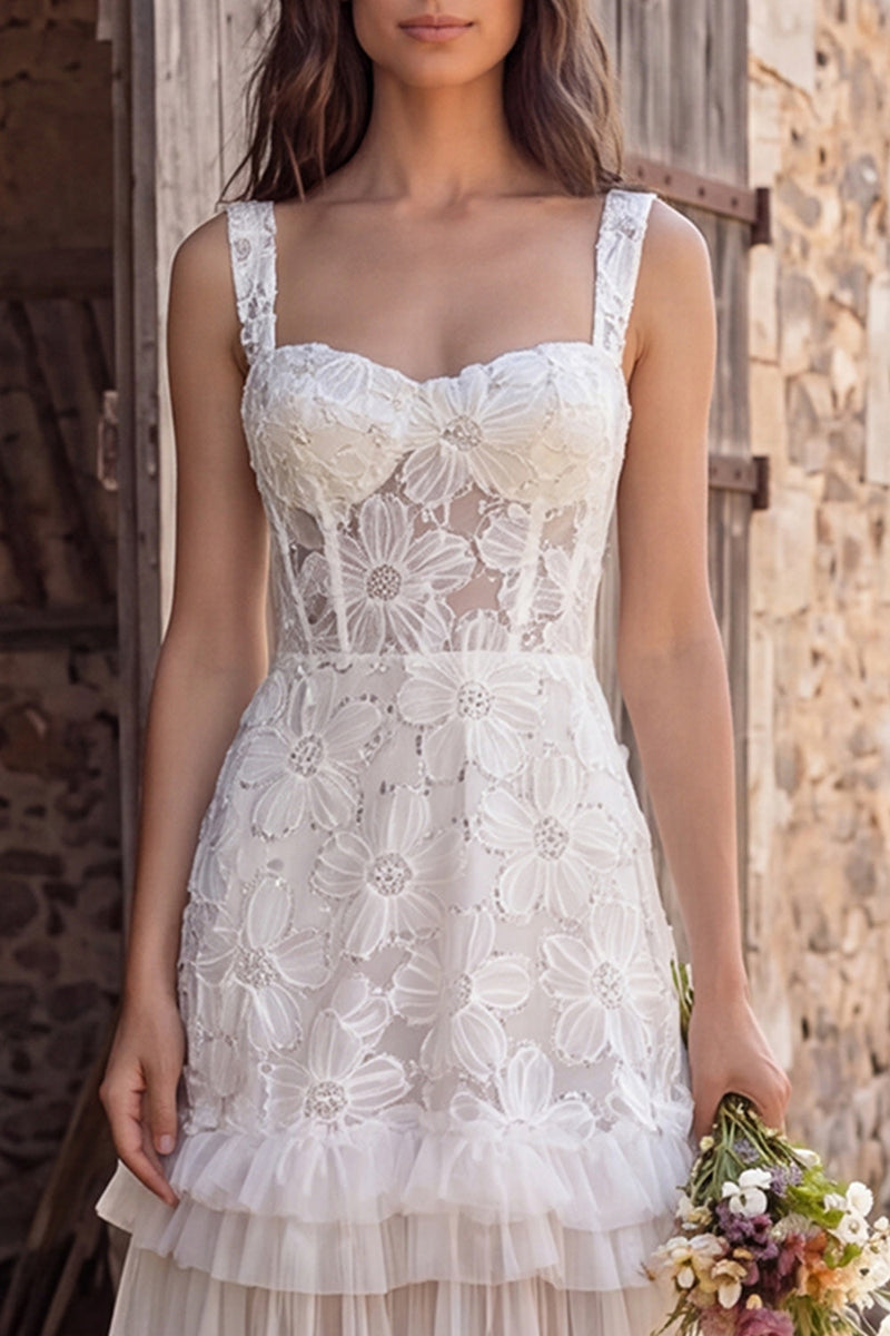 Load image into Gallery viewer, Floral Ivory Corset A-Line Sweep Train Beach Wedding Dress with Beading