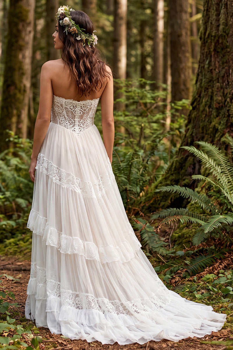 Load image into Gallery viewer, Ivory Strapless Corset A-Line Sweep Train Beach Wedding Dress with Lace